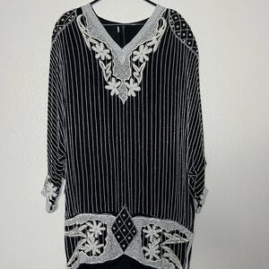 Rare Vintage Silk Beaded Mini Dress V Neckline 6/8 Black / White
